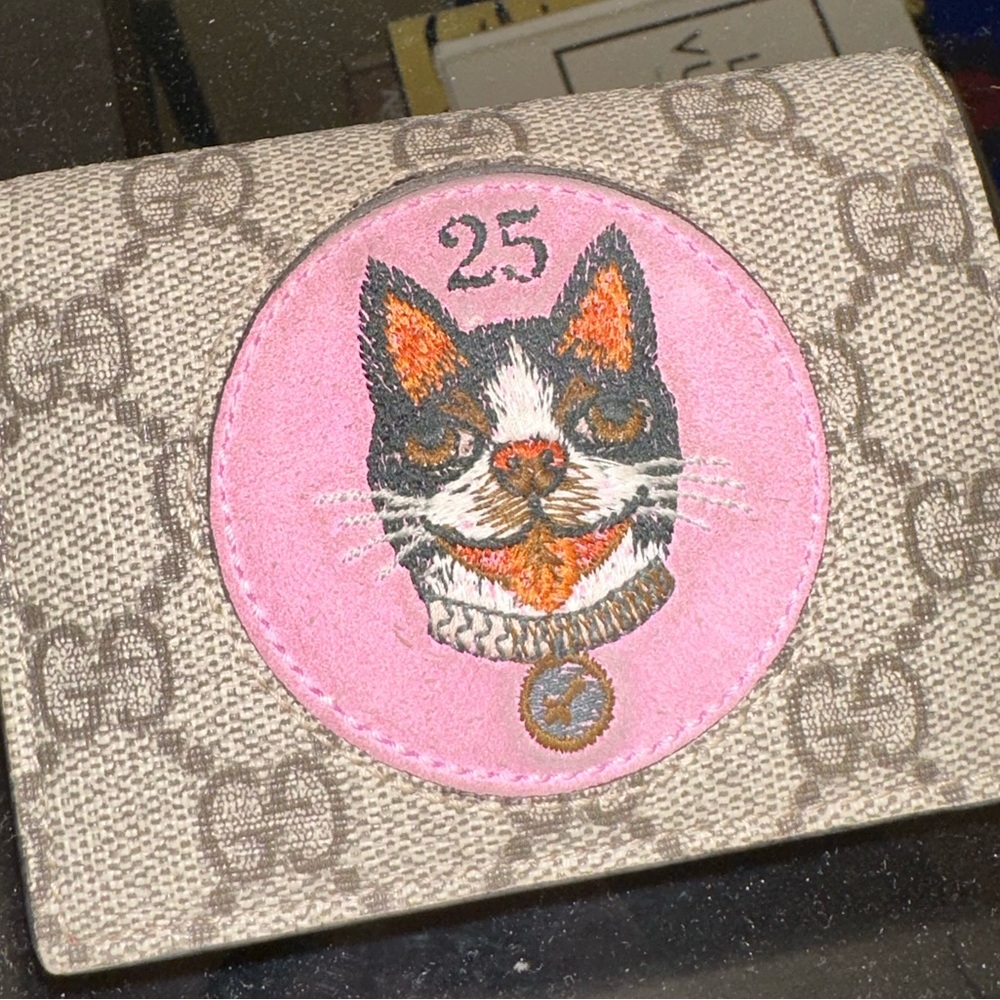 Gucci Dog Brown 25 GG Card Case Pink Leather Small Wallet Red Italy Bosco